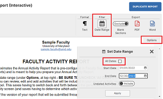 Screenshot of Date Range options with All Dates unchecked and 2022 calendar year entered for Start and End dates